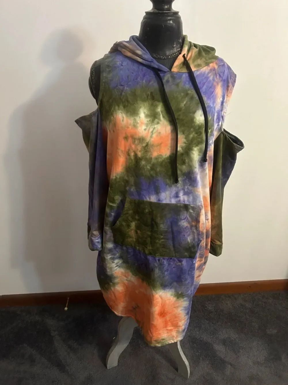 Rouge Collection Tie-Dye cold shoulder Hoodie Dress in Green, Orange & Purple